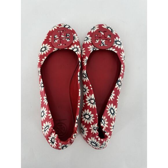 Tory Burch Minnie Travel Flats Womens 9M Red White Ballet Floral Leather Slip On - Picture 3 of 11